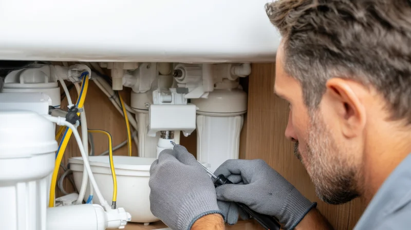 Man repairing plumbing under kitchen sink with wrench and gloves