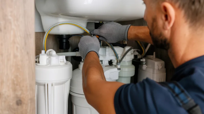 Plumber repairing water filter system under kitchen sink