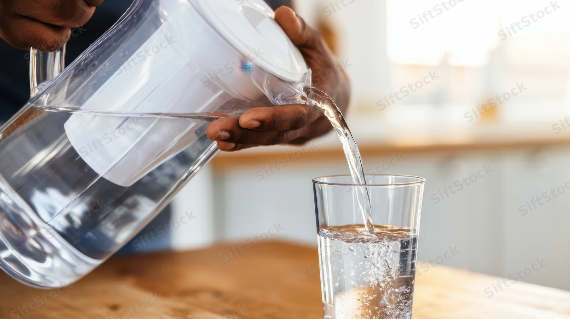 Person pouring water from a pitcher into a glass on a wooden countertop