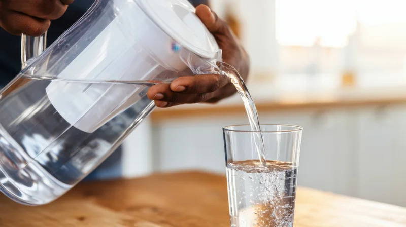 Person pouring water from a pitcher into a glass on a wooden countertop