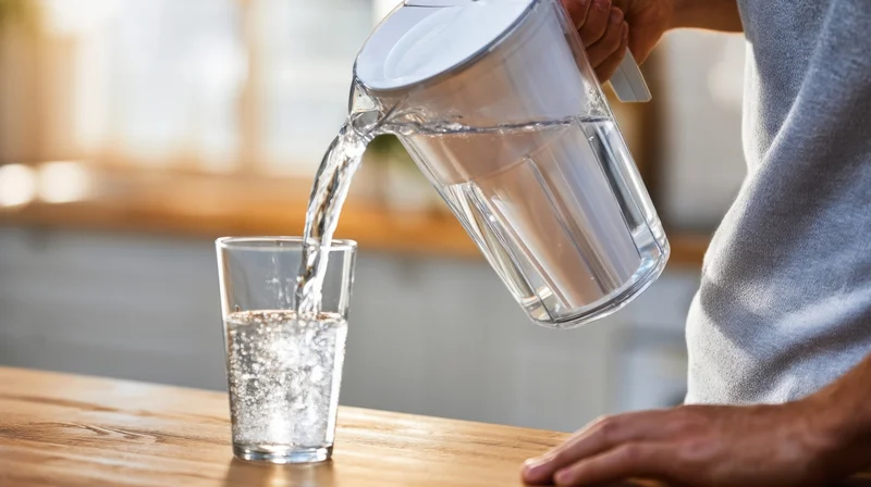 Person pouring water from a pitcher into a glass on a wooden table