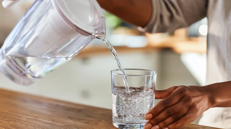 Person pouring water from a pitcher into a glass on a wooden kitchen countertop