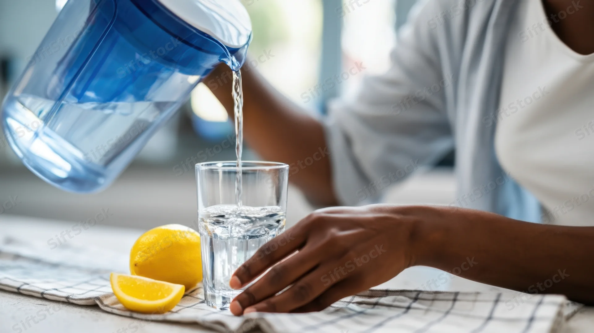 Woman pouring water from a blue pitcher into a glass on a kitchen countertop with lemons nearby