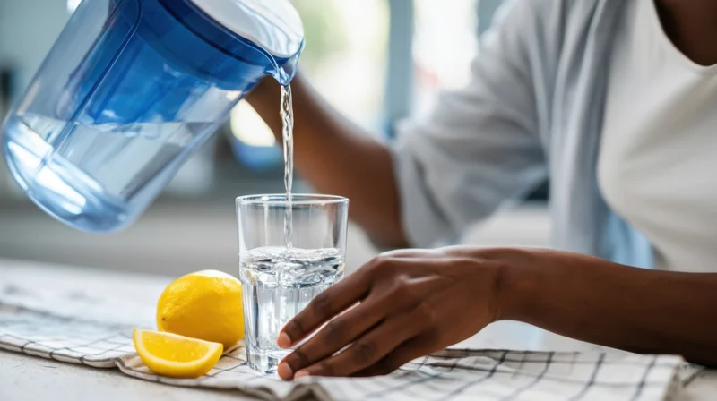 Woman pouring water from a blue pitcher into a glass on a kitchen countertop with lemons nearby