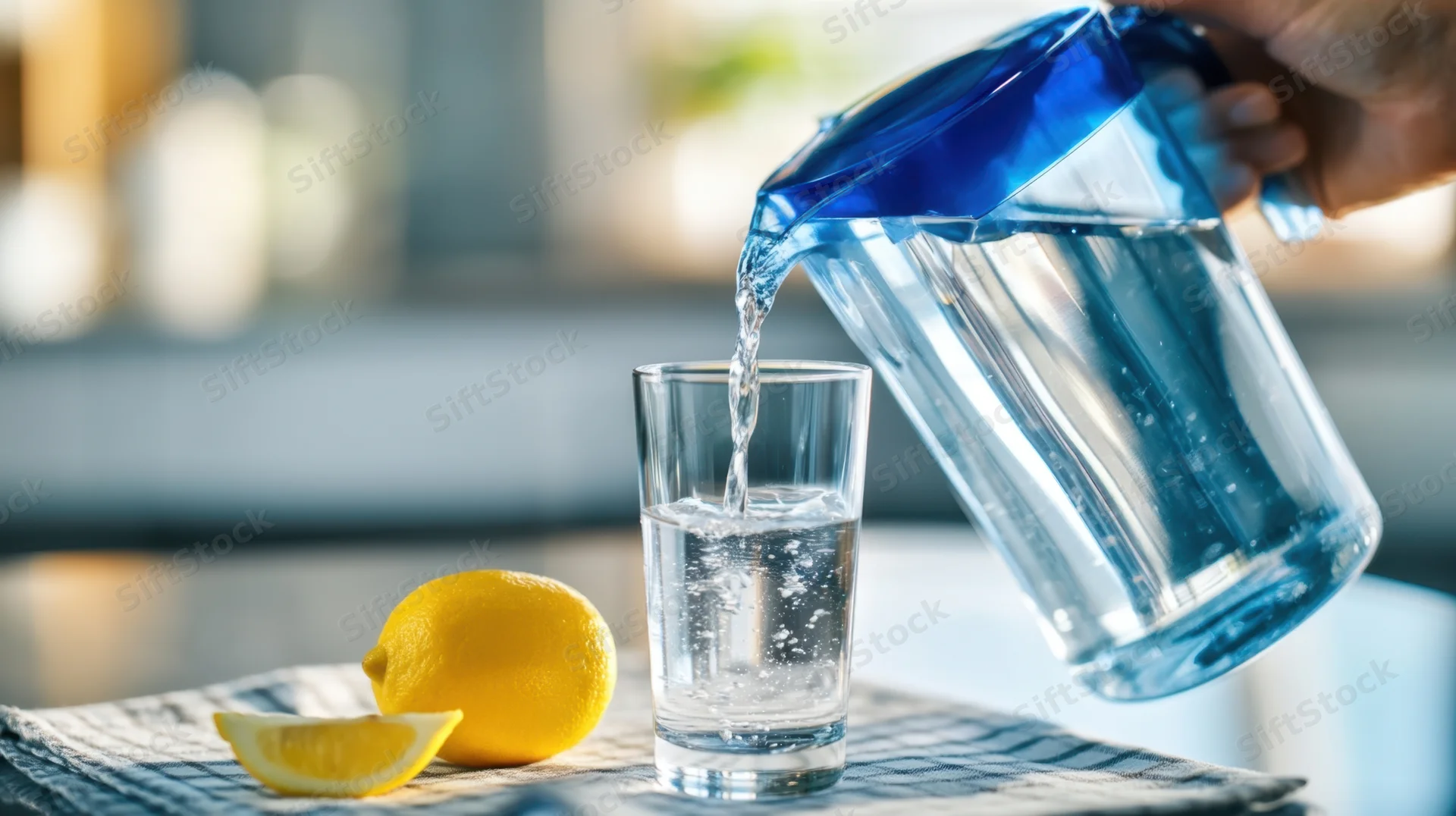 Hand pouring water from a blue pitcher into a glass on a kitchen countertop with lemon slices nearby