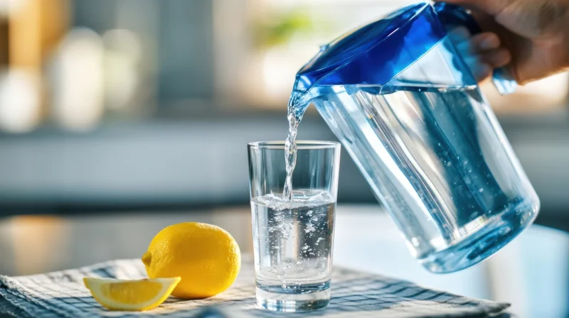 Hand pouring water from a blue pitcher into a glass on a kitchen countertop with lemon slices nearby