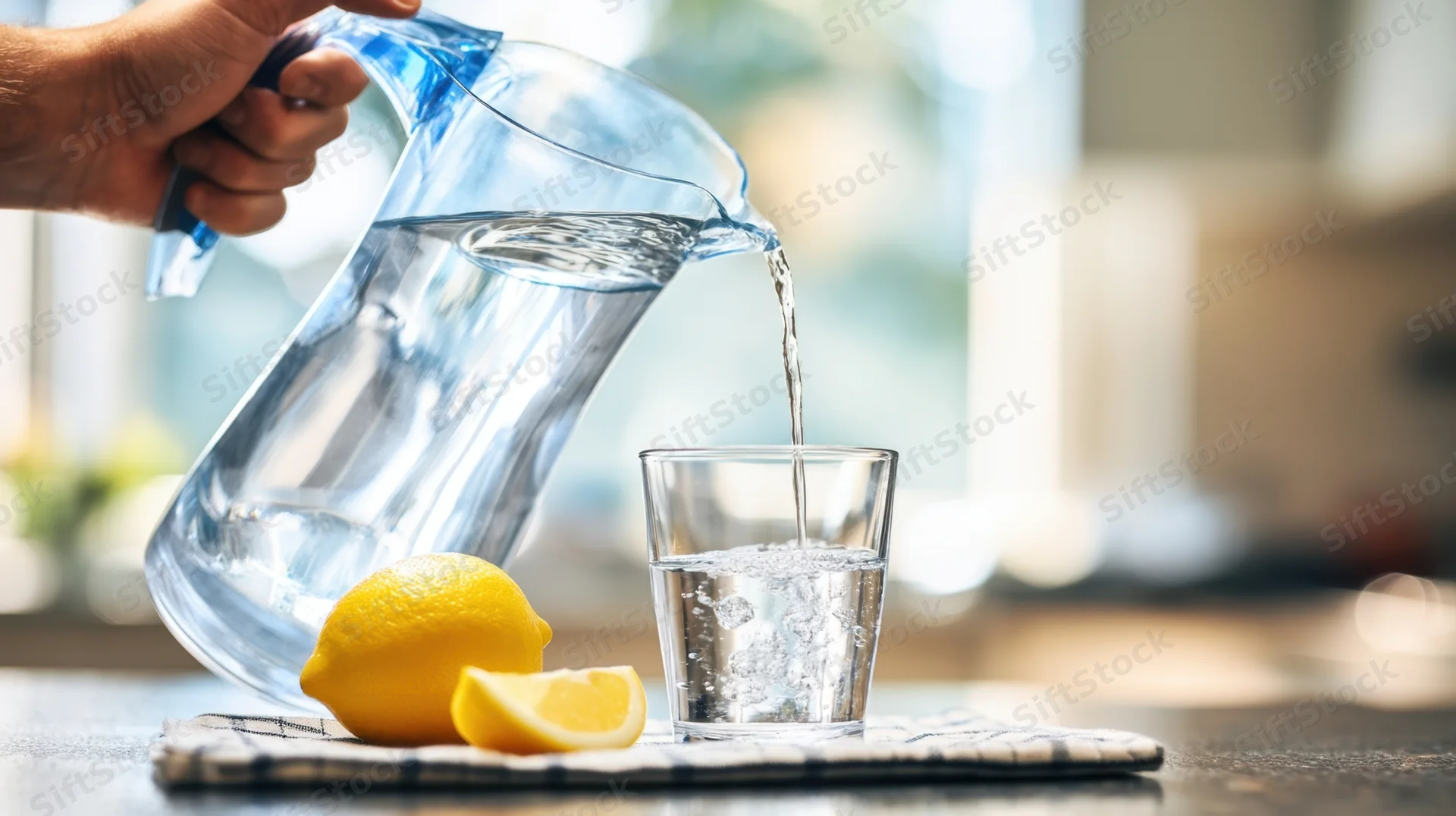 Hand pouring water from a blue pitcher into a glass on a kitchen countertop with lemons nearby