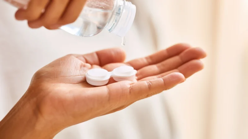 Hand holding contact lenses with cleaning solution being poured from a bottle