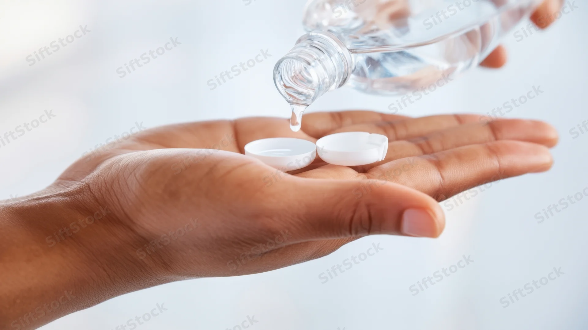 Hand holding open cap while clear liquid is poured from bottle into palm