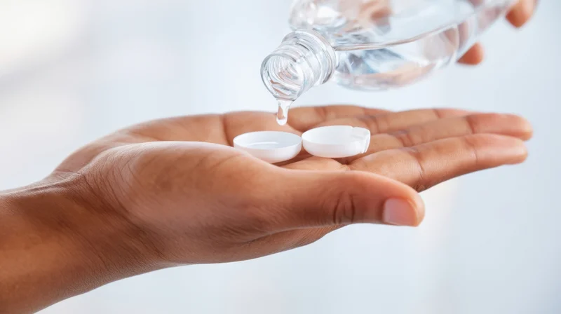 Hand holding open cap while clear liquid is poured from bottle into palm