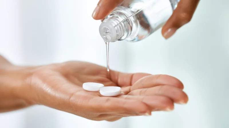 Hand holding white pills with liquid dripping from bottle into palm