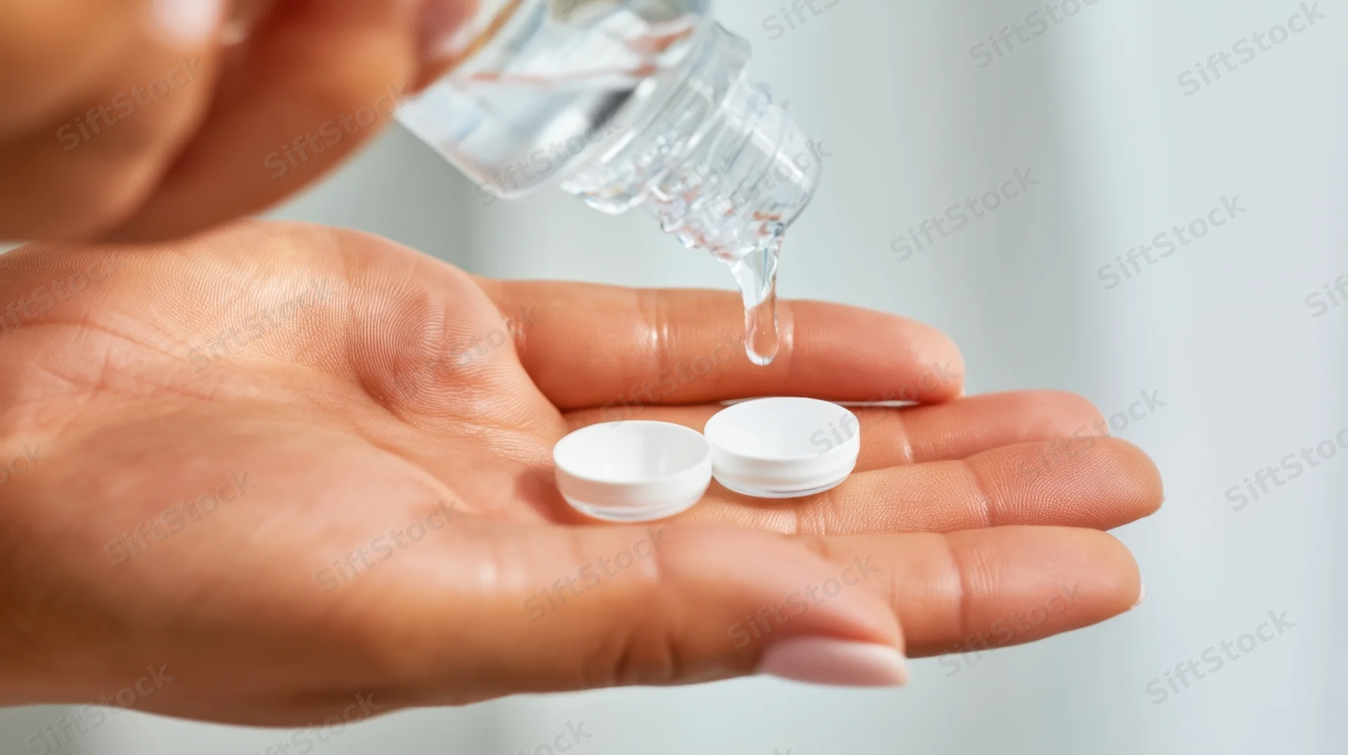 Hand holding white pills with liquid being dripped from a bottle into the palm