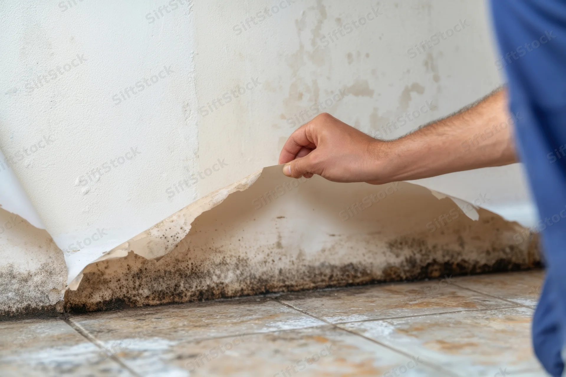 Man peeling off moldy wallpaper from a damp wall in a tiled room