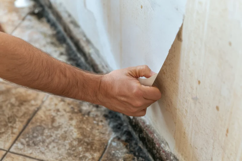 Hand pulling off peeling wallpaper from a damp bathroom wall