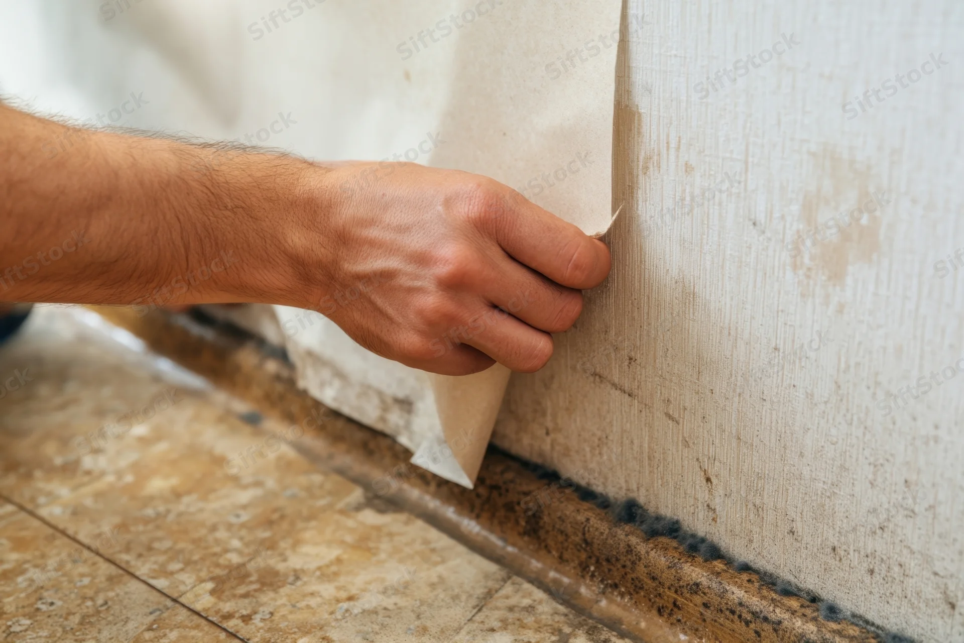 Hand peeling old wallpaper from a damp wall near tiled floor