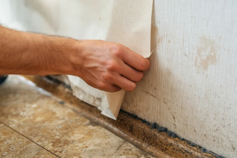 Hand peeling old wallpaper from a damp wall near tiled floor