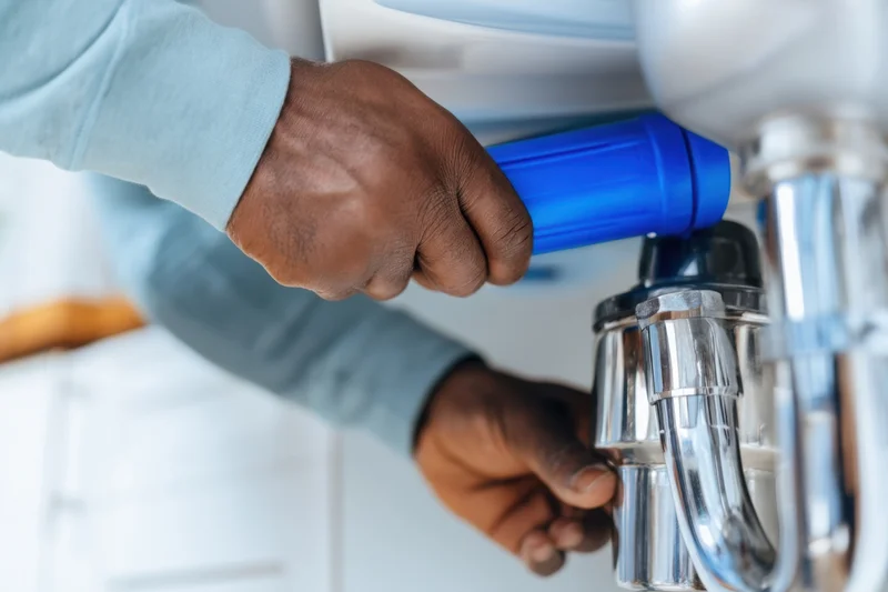 Hands tightening a chrome faucet with a blue wrench during plumbing repair in a bathroom