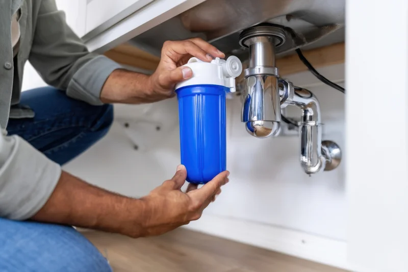 Man installing a blue water filter cartridge under a kitchen sink