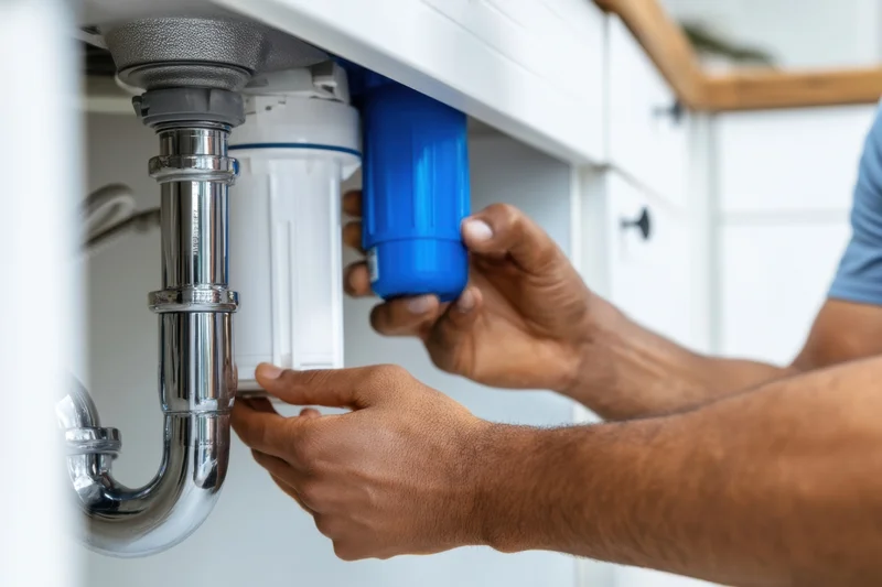 Man replacing water filter cartridge under kitchen sink