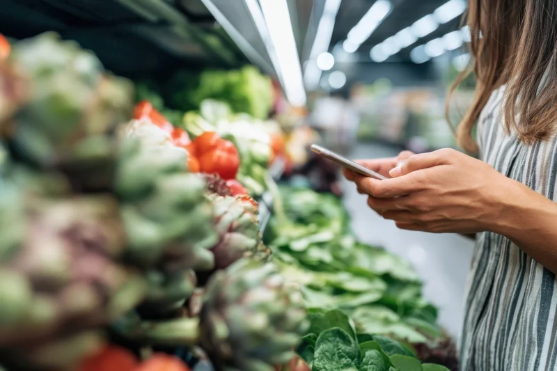 Woman holding smartphone while browsing fresh vegetables in supermarket produce aisle
