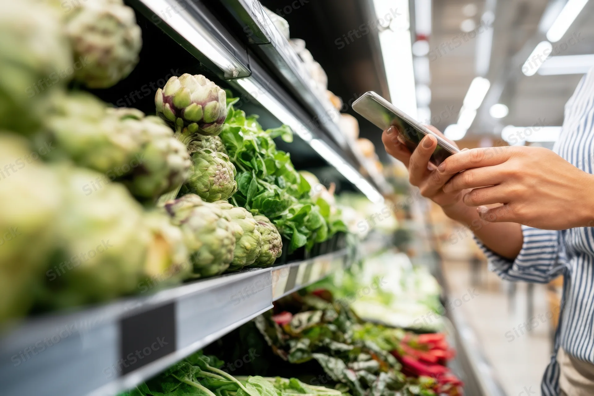 Person using smartphone to scan produce in supermarket aisle