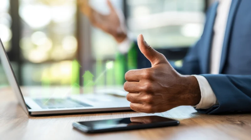 Man in suit giving thumbs up at laptop with green growth chart on wooden desk in office