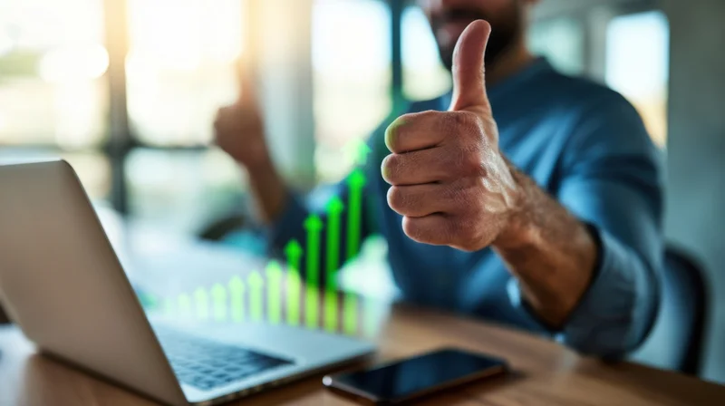 Man giving thumbs up at laptop with green growth chart in office