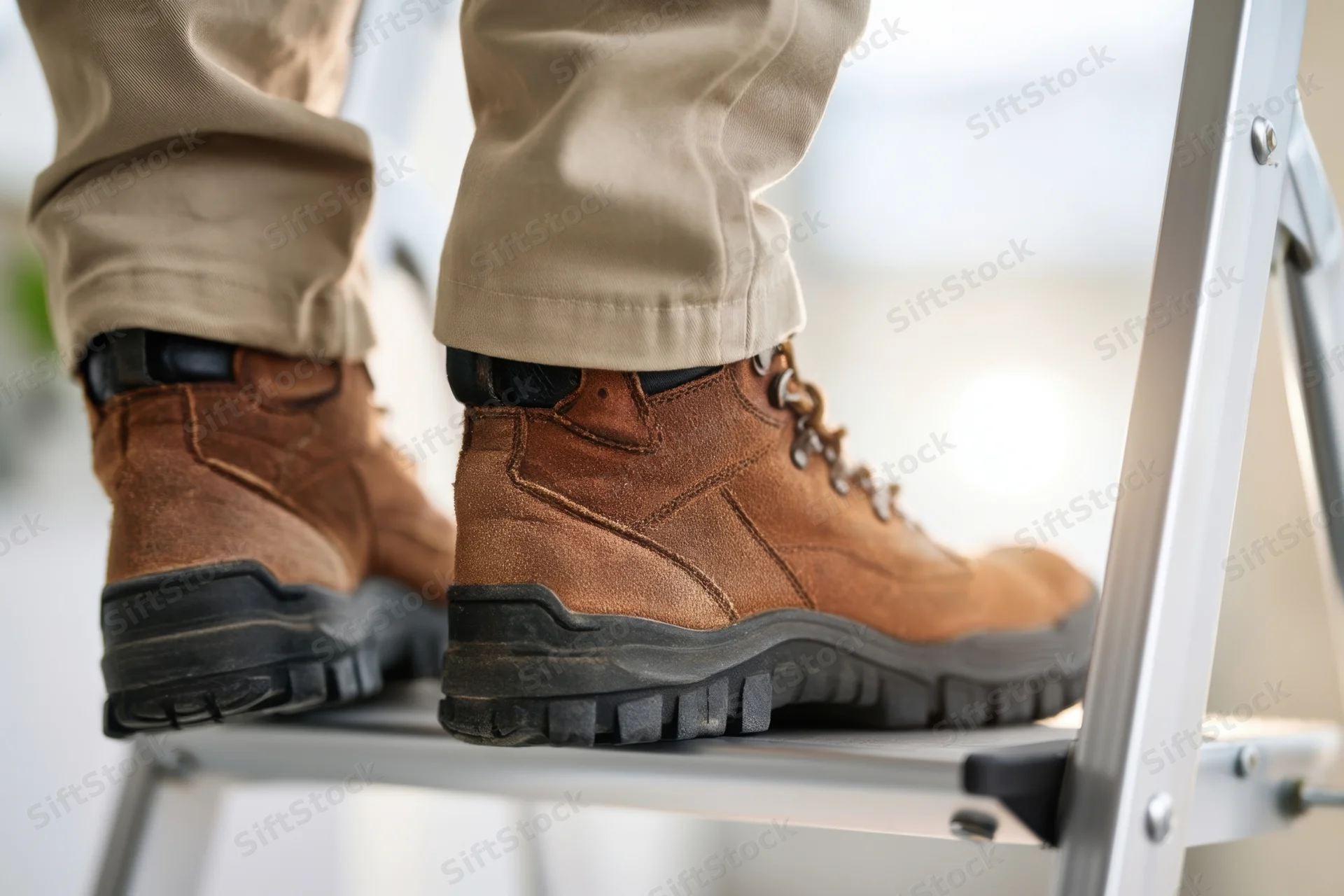 Person wearing brown work boots standing on a metal ladder step