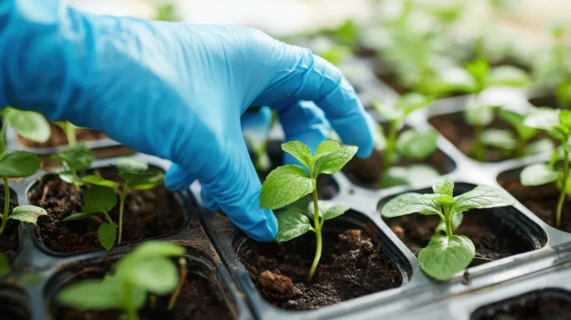 Hand in blue glove touching a green seedling in a black tray filled with soil in a greenhouse setting