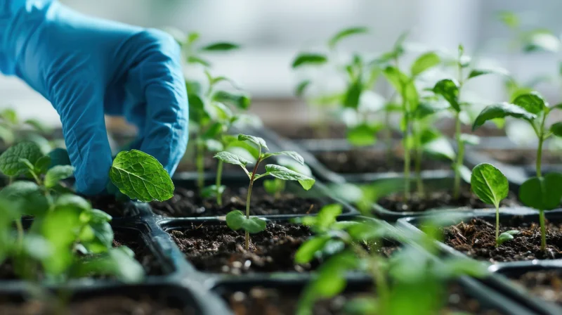 Hand in blue glove tending seedlings in black trays filled with soil
