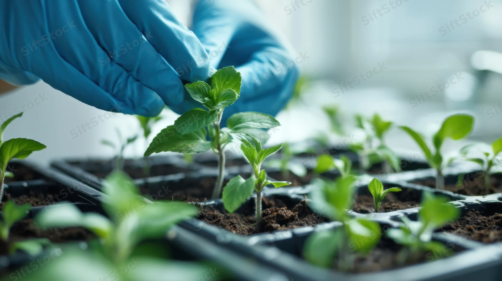Hands in blue gloves tending to young seedlings in a tray indoors