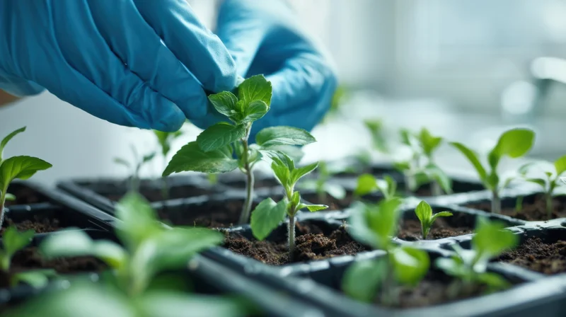 Hands in blue gloves tending to young seedlings in a tray indoors