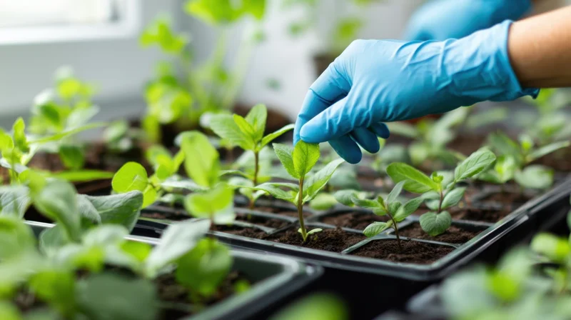 Hand in blue glove touching a young seedling in a tray of soil inside a greenhouse