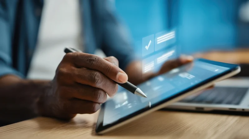 Man using stylus on tablet with digital interface elements in office setting