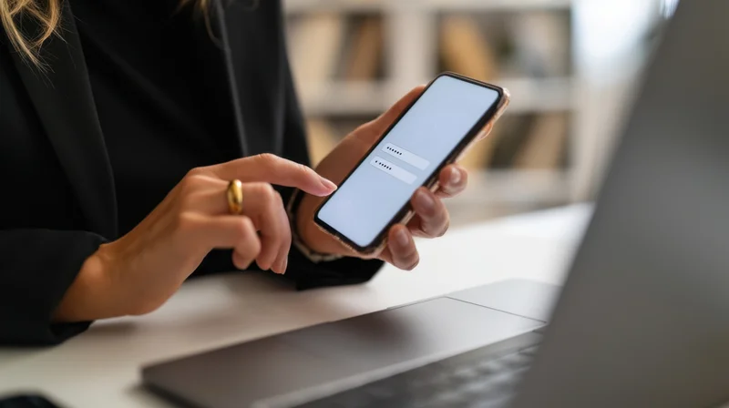 Woman typing on smartphone at desk with laptop nearby