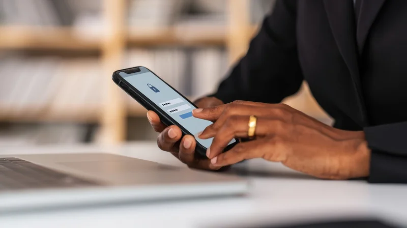 Woman in suit typing password on smartphone at office desk