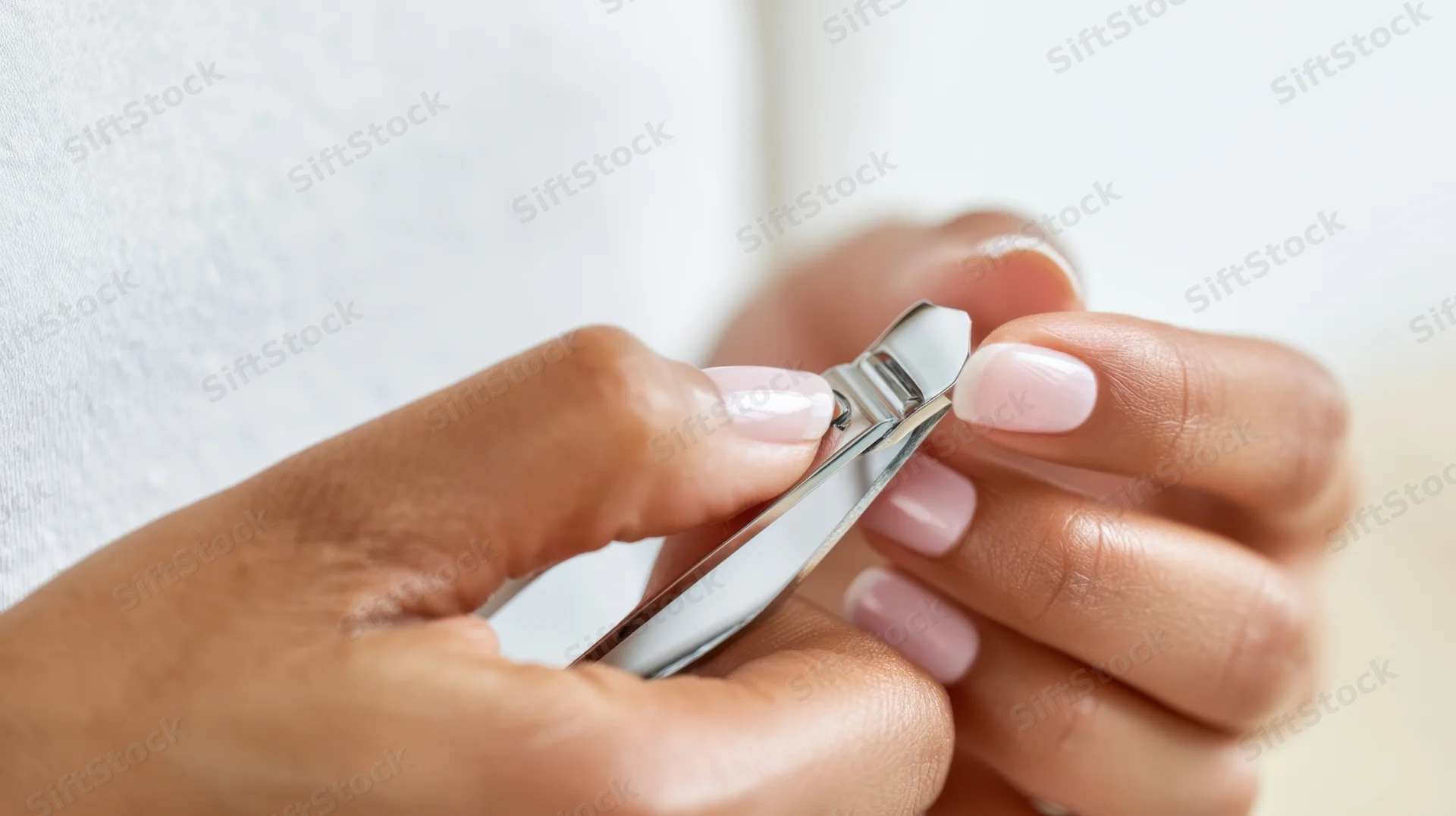 Woman trimming her nails with metal clippers at home