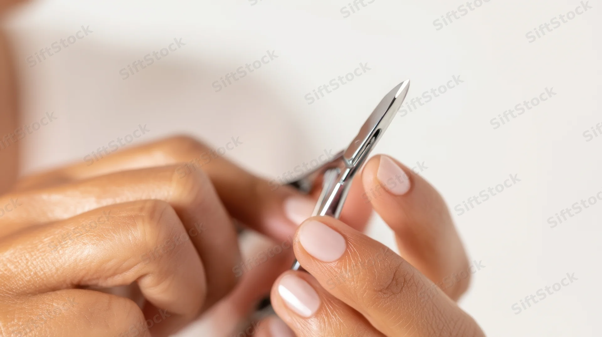 Closeup of hands using nail clippers for manicure grooming