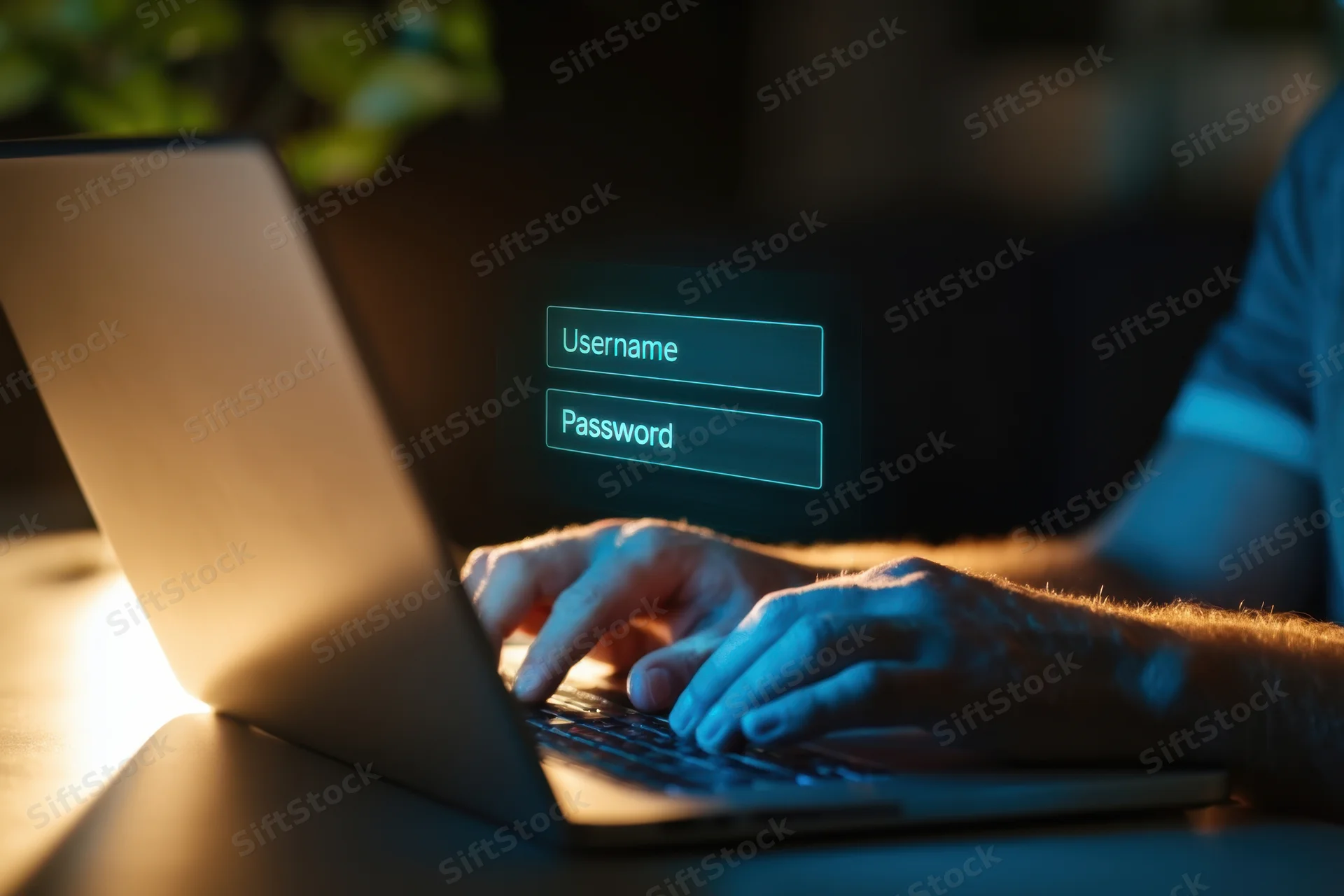 Hands typing on laptop keyboard with login fields displayed on screen at night