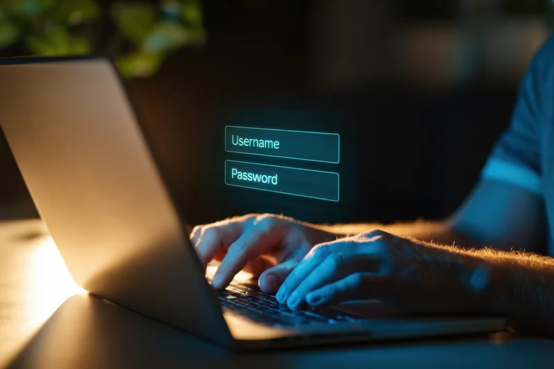 Hands typing on laptop keyboard with login fields displayed on screen at night