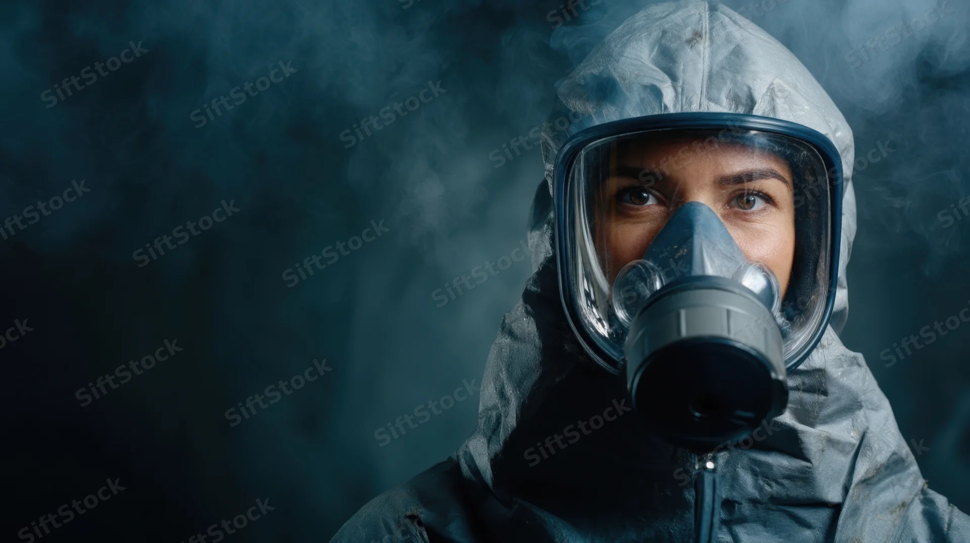 Woman in hazmat suit and gas mask standing in smoky environment
