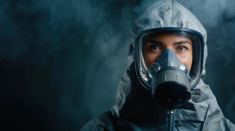 Woman in hazmat suit and gas mask standing in smoky environment