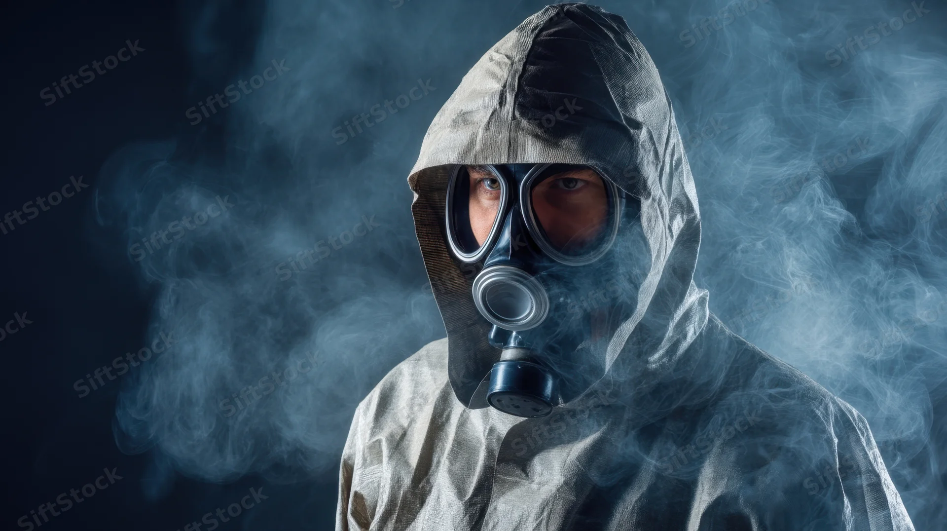 Man in gas mask and hooded protective suit surrounded by smoke