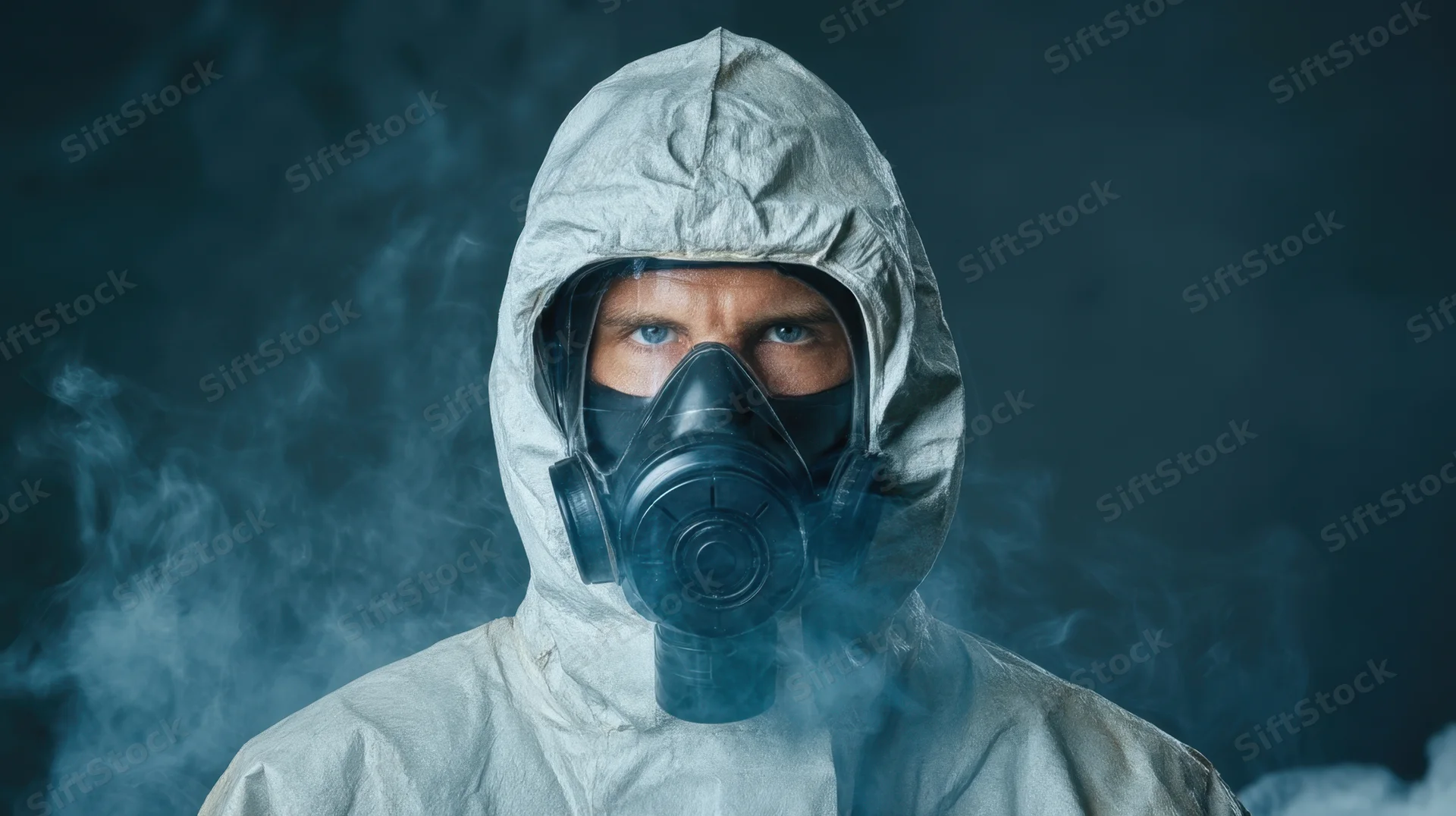 Man in hazmat suit with respirator mask surrounded by smoke in studio setting
