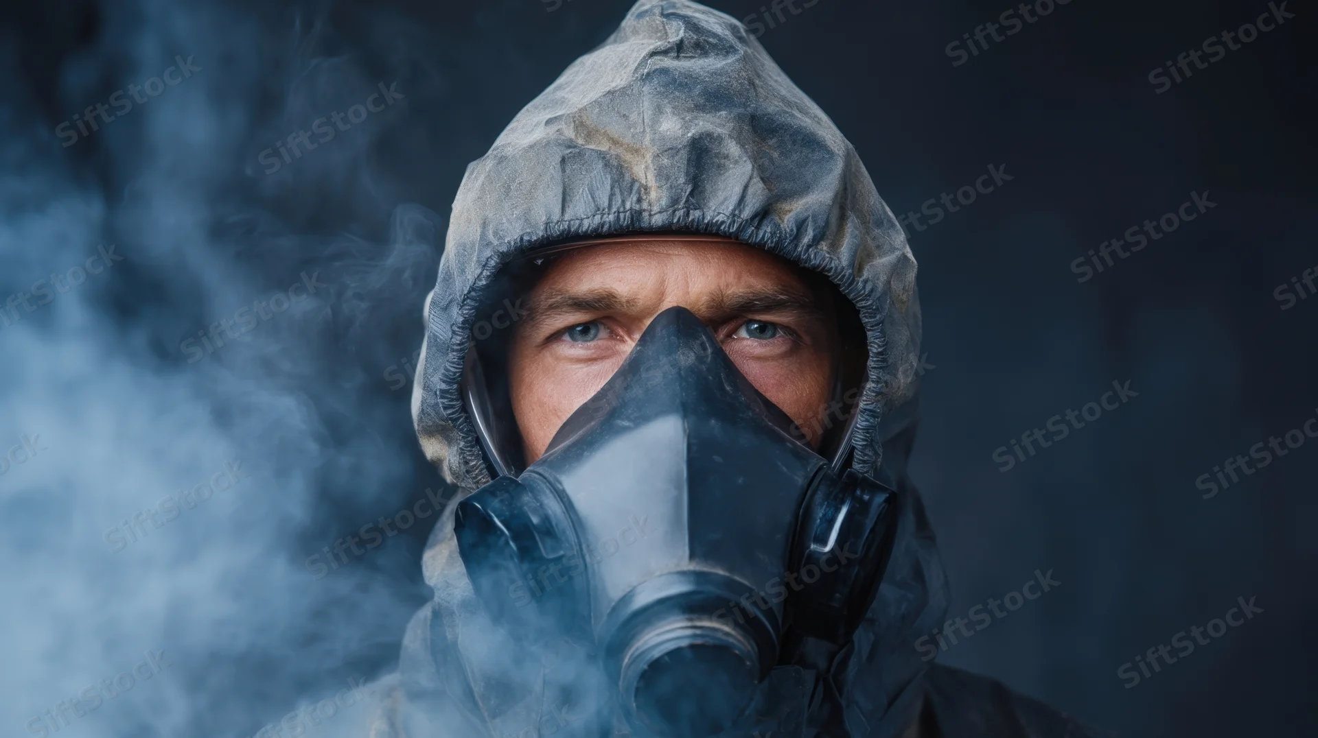 Man wearing respirator mask in smoky environment, focused expression, protective suit with hood