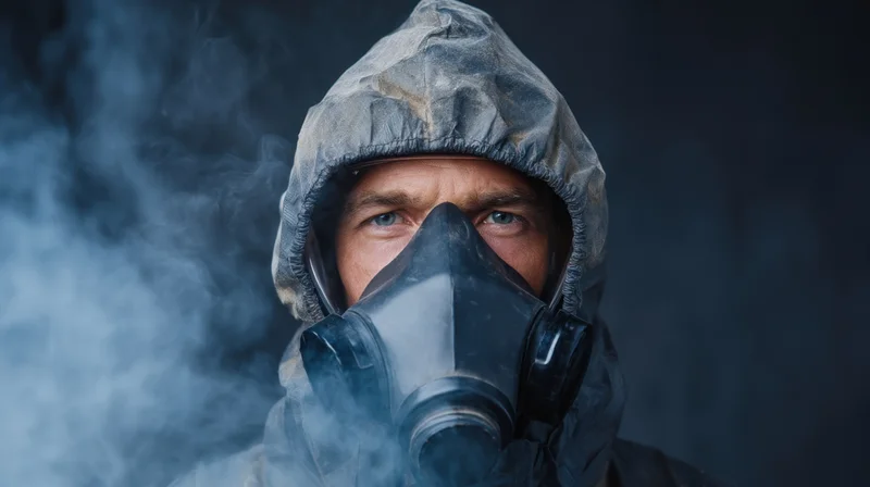 Man wearing respirator mask in smoky environment, focused expression, protective suit with hood