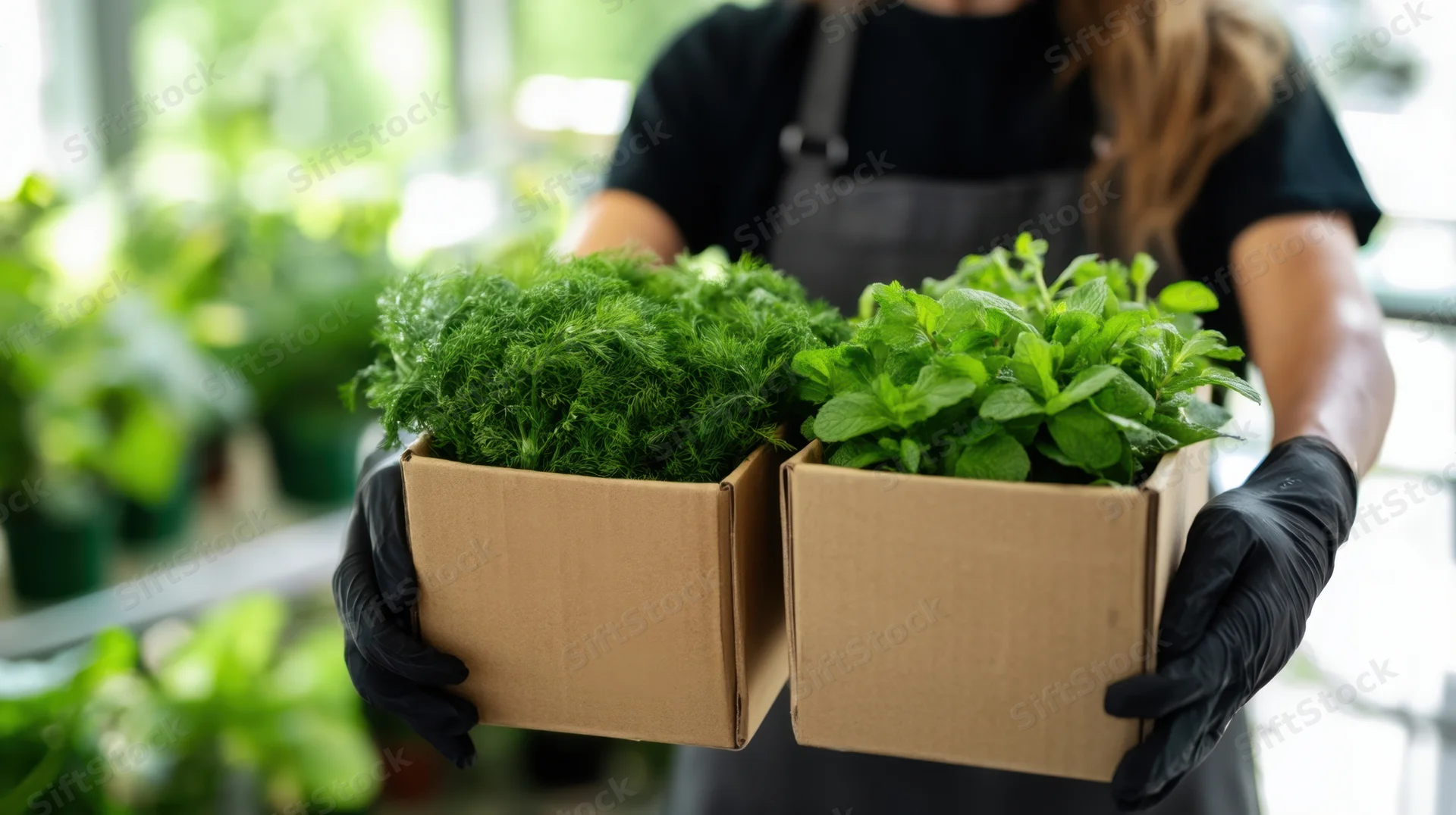 Woman holding two cardboard boxes filled with fresh dill and mint in a greenhouse