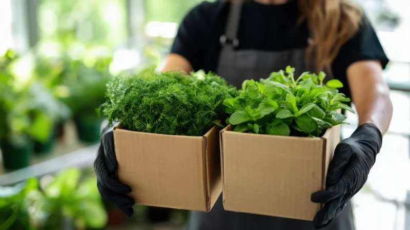 Woman holding two cardboard boxes filled with fresh dill and mint in a greenhouse