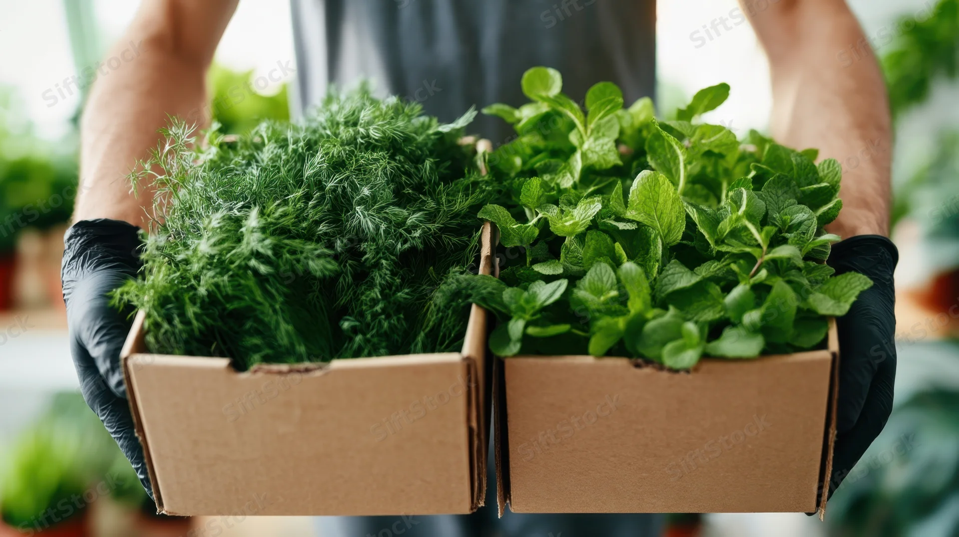 Person holding two cardboard boxes filled with fresh dill and mint herbs, wearing black gloves, in a greenhouse setting