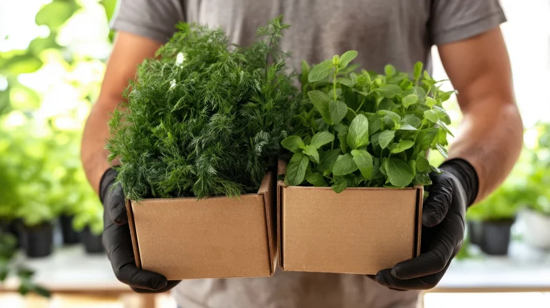 Man holding two cardboard boxes with fresh dill and mint plants in a greenhouse setting